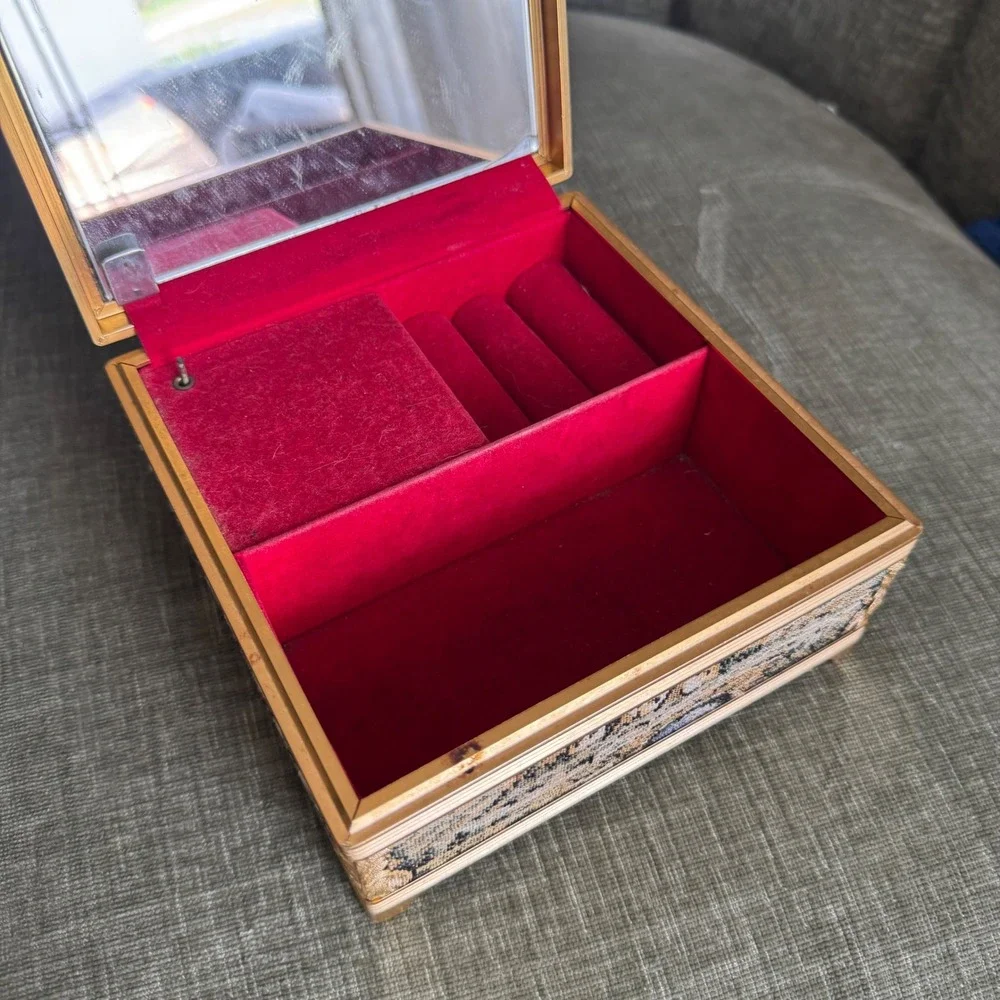Vintage Tapestry Music Jewelry Box Gold Tone Floral Landscape Velvet Works